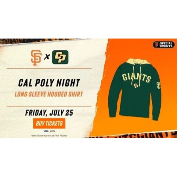 San Francisco SF Giants Cal Poly Mustangs Size S Hooded Shirt July 2025 NEW - Picture 1 of 3
